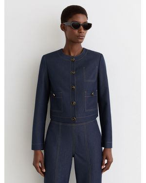 Reiss Collarless Denim-Look Cropped Jacket - Blue