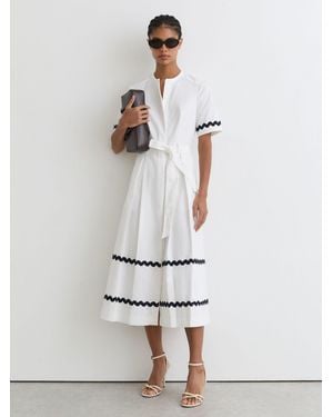 Reiss Isabelle - Ivory/navy Stretch-cotton Wave-trim Midi Dress, Us 4 - White