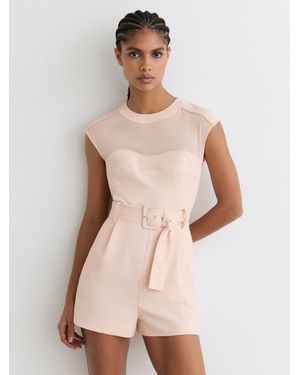 Reiss Sheer-Panel Structured Belted Playsuit - Natural