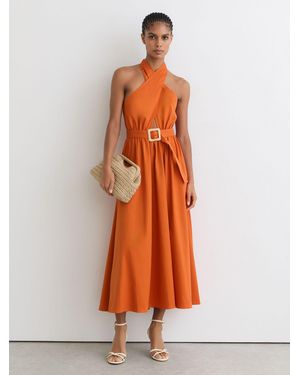 Reiss Rowe - Orange Cotton Halterneck Belted Midi Dress, Us 12