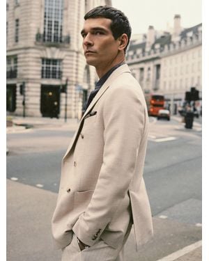 Reiss Double-Breasted Herringbone Blazer Tailored-Fit With Cotton - Natural