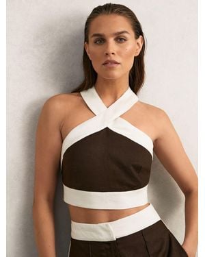 Reiss Chocolate & Cream Linen Halterneck Cropped Top - Multicolor