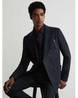 Reiss Tailored-Fit Linen Double-Breasted Suit Blazer - Blue