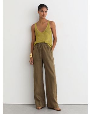 Reiss Riley - Khaki Green Linen Ladder-embroidery Wide-leg Pants, Us 14 R - Multicolor