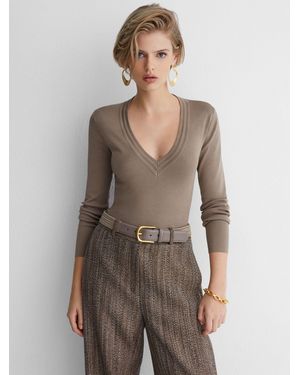 ATELIER Silk-Blend Knit V-Neck Top - Gray