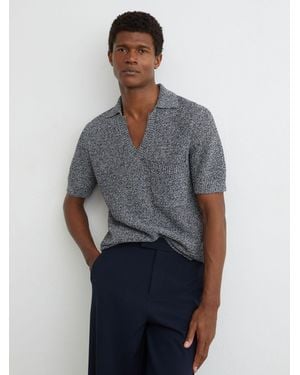 Reiss Owen - Indigo Blue Speckle-knit Open-collar Polo Sweater, Xxl