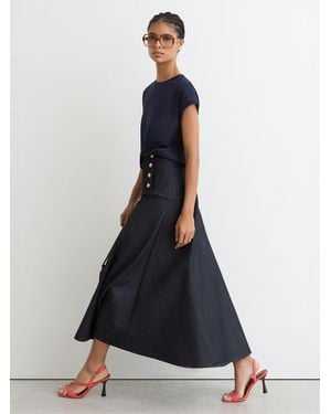 Reiss Petite Button-Detail Denim Midi Skirt - Blue
