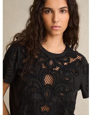 Reiss Floral Cut-Out Embroidery Top - Black