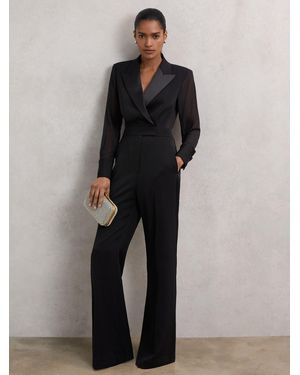 Reiss Sheer-Sleeve Tuxedo Jumpsuit - Black
