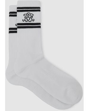 Reiss Monogram Cotton-Blend Ribbed Socks, S & M - White