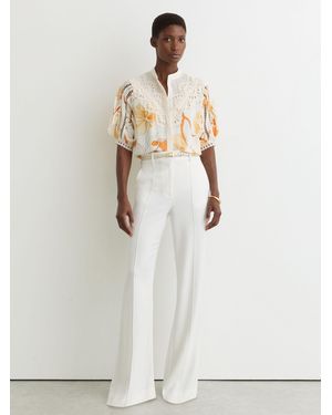 Reiss Louisa - Ivory/pink Floral-print Lace-trim Blouse, Us 6 - White