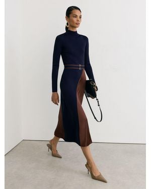 Reiss Camel Knitted Satin-Panel Belted Midi Dress - Blue