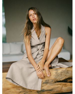 Reiss Tara - Neutral Petite Linen Tie-waist Tailored Midi Dress, Us 4 - Natural