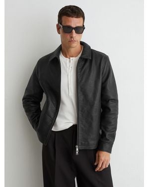 Reiss Leather Collared Zip-Through Jacket - Gray