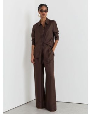 Reiss Aliana - Mocha Brown Silk Jacquard Wide-leg Pants, Us 4 L