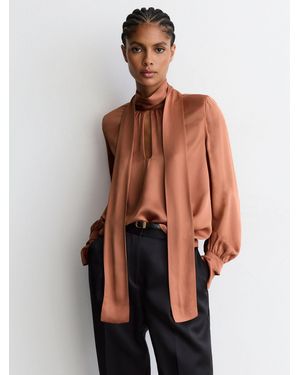 Reiss High-Neck Tie-Back Keyhole Blouse - Natural