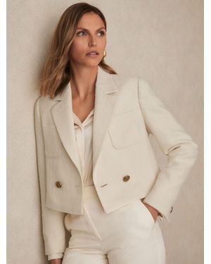 Reiss Double-Breasted Textured Cropped Blazer With Wool And Cotton - Natural