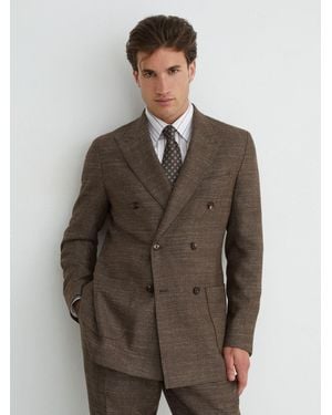 Reiss Wool-Blend Double-Breasted Herringbone Blazer Classic-Fit - Brown