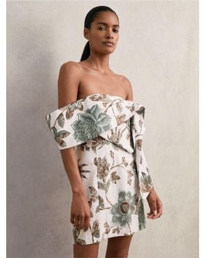 Reiss Sculpted Off-Shoulder Floral Mini Dress Linen-Cotton - Natural