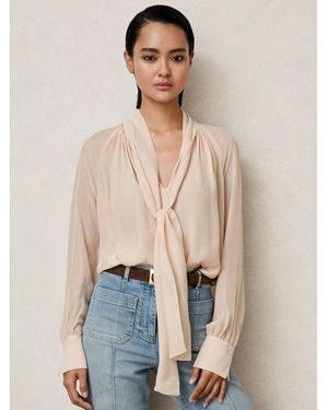 Reiss Silk-Blend Chiffon Tie-Neck Blouse - Natural