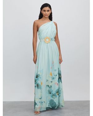 LEO LIN Leo Silk Blend Pleated Asymmetric Maxi Dress - Blue