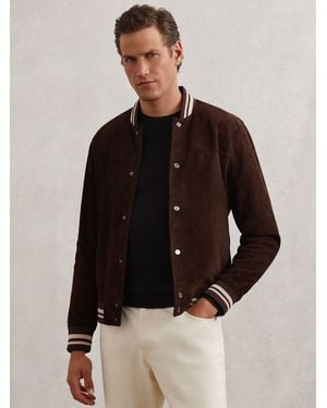 Reiss Suede Stripe-Trim Bomber Jacket - Black