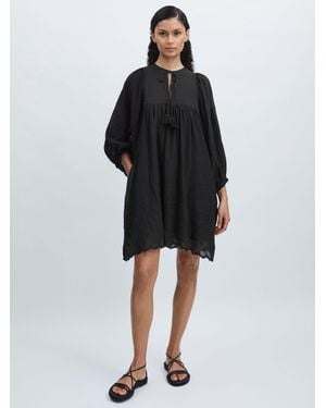 MILLE Cotton Tassel Detail Puff Sleeve Mini Dress - Black