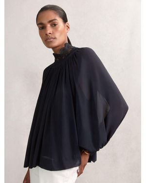 Reiss Lace-Trim Draped Chiffon Top - Blue