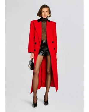 retroféte Double-Breasted Polyester Longline Coat With Belt - Red