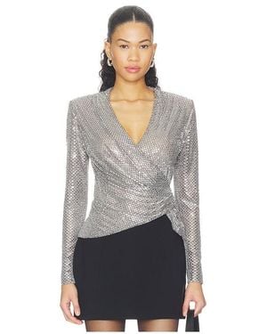 Self-Portrait Gray Rhinestone Mesh Wrap Top