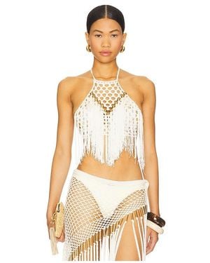 MY BEACHY SIDE Aria Hand Crochet Fringe Halter Top - Natural