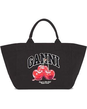 Ganni Shopper Xxl Cherry Printed Tote - Black