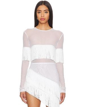 Norma Kamali Long Sleeve Crewneck Fringe Top - White