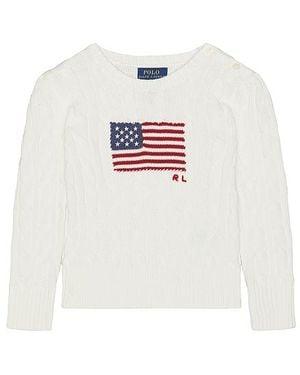 Polo Ralph Lauren Long Sleeve Cotton Cable Knit Flag Crewneck Sweater - Weiß
