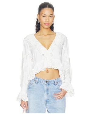 Alice + Olivia Skye Lace Applique V Neck Ruffle Cropped Blouse - White