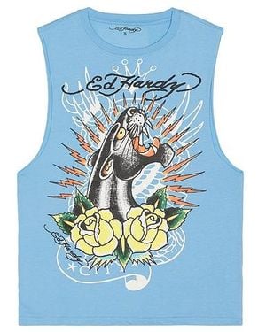 Ed Hardy Panther Roses Cutoff Tee - Blue