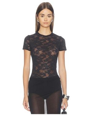 Fleur du Mal Le Stretch Lace Short Sleeve Bodysuit - Black