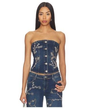 OW Collection Nova Embellished Denim Top - Blue