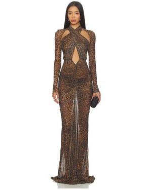 LAPOINTE Printed Mesh Halter Ruched Gown - Natural