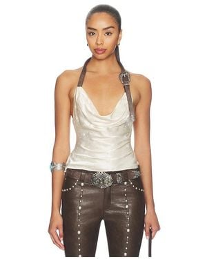 Markgong Metal Buckle Halter Cowl Neck Top - White