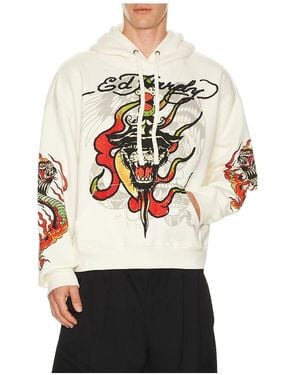 Ed Hardy Panther Flame Boxy Rhinestone Fleece Hoodie - White