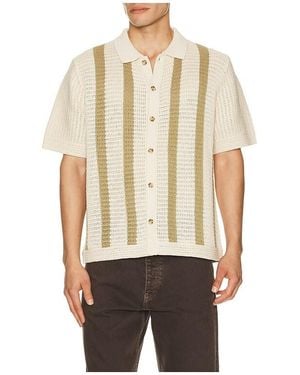 Vince Stripe Crochet Short Sleeve Button Down Shirt - Natural