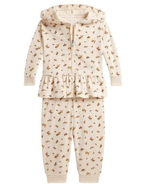 Polo Ralph Lauren Baby Two Piece Set Long Sleeve Velour Floral Printed Ruffle Full-Zip With Jogger - Natural