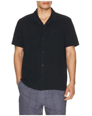 Vince Macro Waffle Short Sleeve Shirt Button Down Cabana - Black