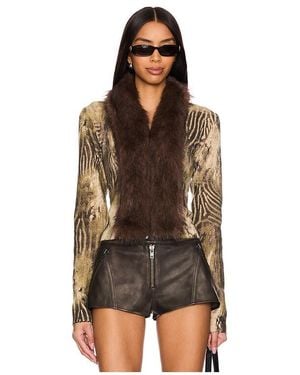 Jaded London Printed Knit Cardigan With Faux Fur Trim - Brown