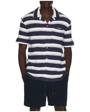 Polo Ralph Lauren Short Sleeve Yarn Dyed Textured Herringbone Andy Camp Striped Shirt - Blue
