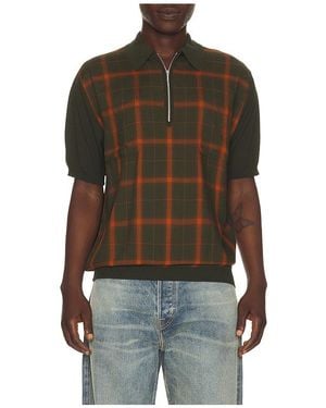 Beams Plus Half Zip Panel Polo Ombre Plaid - Brown