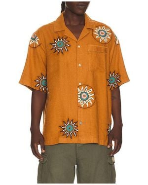 Scotch & Soda Embroidered Linen Relaxed Fit Short Sleeve Shirt - Orange