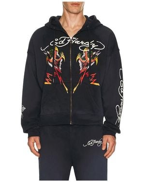 Ed Hardy Tiger Flame Boxy Zip Hoodie - Blue