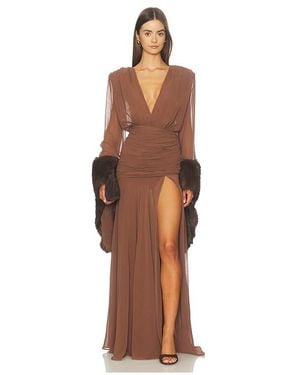 Bronx and Banco Chiffon & Faux Fur Long Sleeve V-Neck Gown - Brown